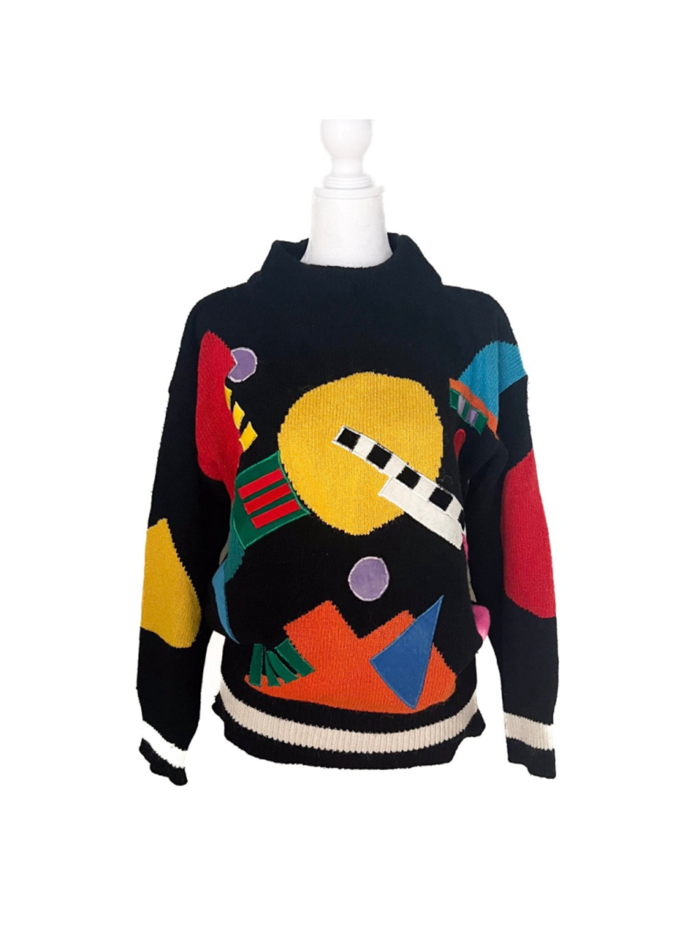 Vtg 80s Avon Black Colorful Abstract Silk Wool Mock Neck Sweater Size M Retro